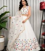 Ivory White Embroidered Lehenga Choli with Matching Dupatta - Full stitched free size