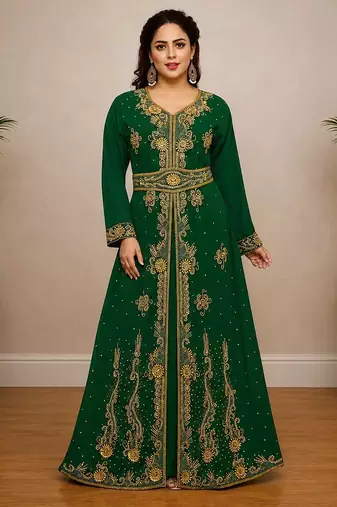 Emerald Green Gold Embroidered Kaftan