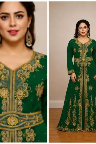 Emerald Green Gold Embroidered Kaftan