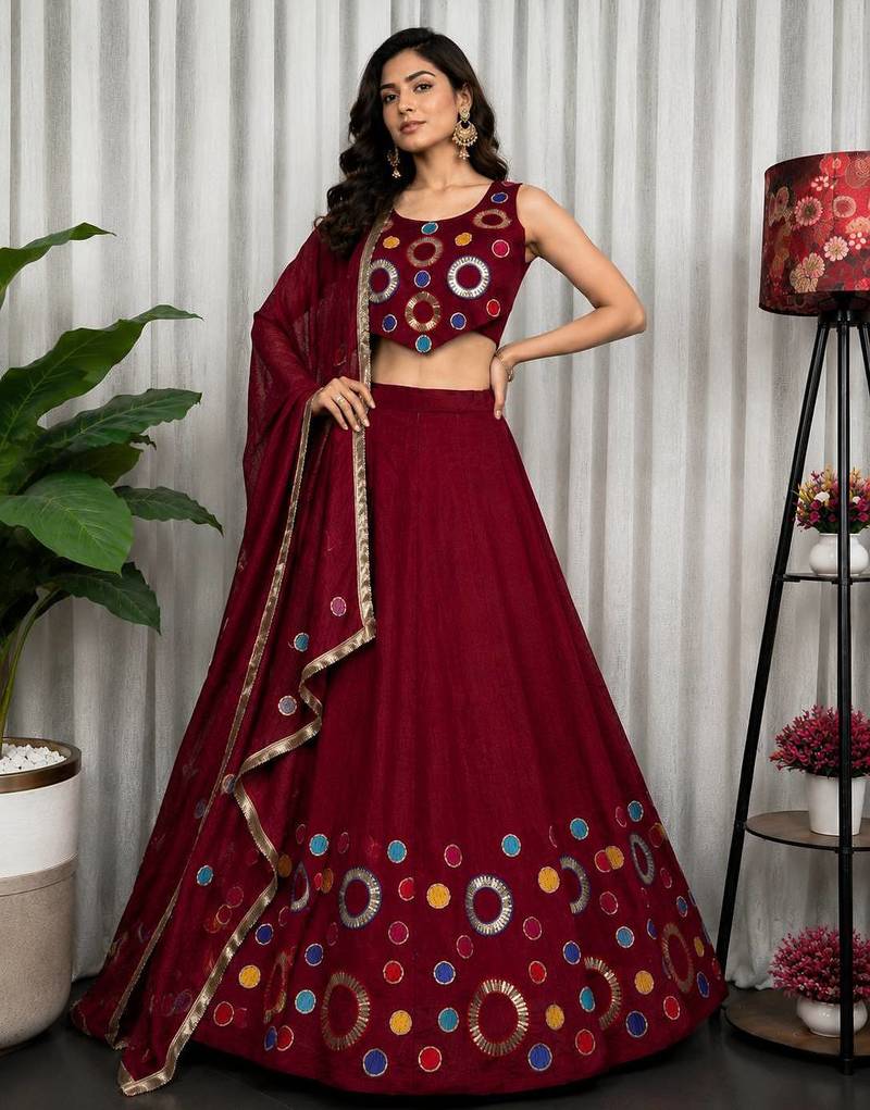 Wine Maroon Dandiya Special Lehenga Choli for Women - Full stitched free size