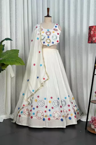 Ivory White Embroidered Lehenga Choli with Matching Dupatta - Full stitched free size
