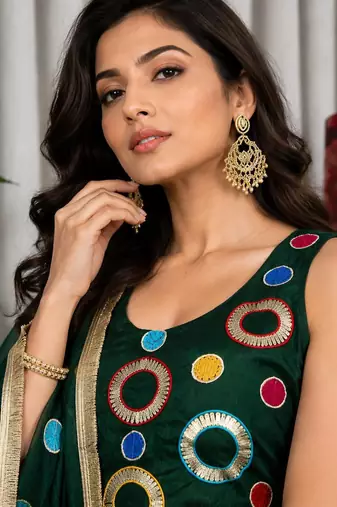Premium Emerald Green Circular Motif Navratri Lehenga Choli Set