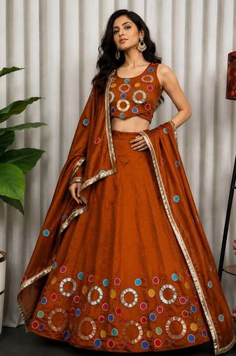  Rust Brown Garba Lehenga Choli with Matching Dupatta - Full stitched free size