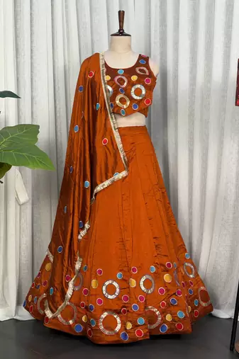  Rust Brown Garba Lehenga Choli with Matching Dupatta - Full stitched free size
