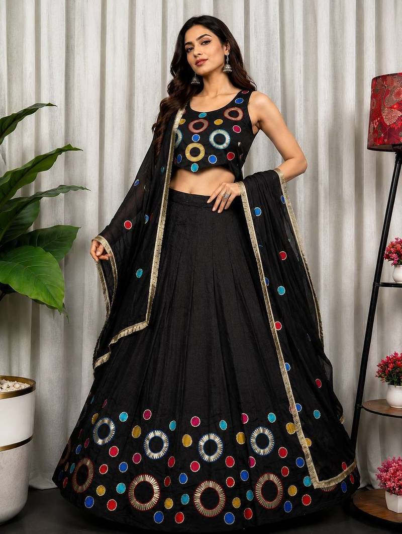 Black Embroidered Lehenga Choli with Matching Dupatta - Full stitched free size