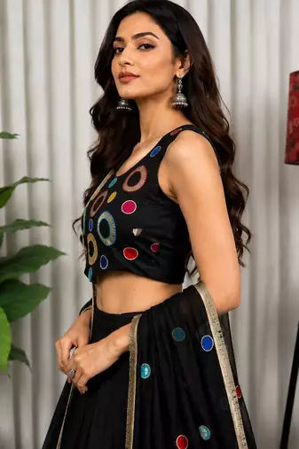 Black Embroidered Lehenga Choli with Matching Dupatta - Full stitched free size