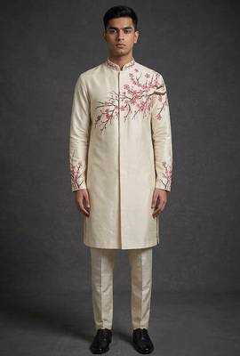 Cream silk indo sherwani for men's 1