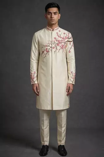 Cream silk indo sherwani for men's
