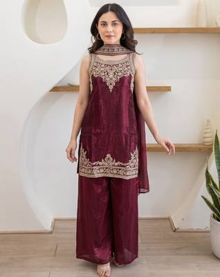 Women's Beautiful Embroidery Work Fandy Satin Fabric Straight Kurta Palazzo and Dupatta Set 1
