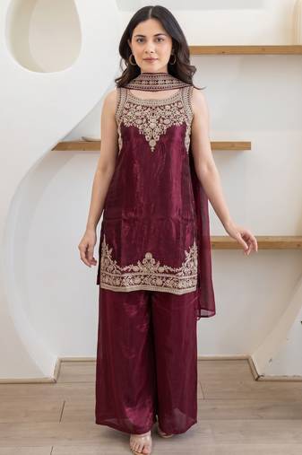 Women's Beautiful Embroidery Work Fandy Satin Fabric Straight Kurta Palazzo and Dupatta Set