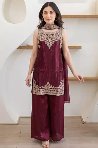 Women's Beautiful Embroidery Work Fandy Satin Fabric Straight Kurta Palazzo and Dupatta Set