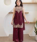 Women's Beautiful Embroidery Work Fandy Satin Fabric Straight Kurta Palazzo and Dupatta Set