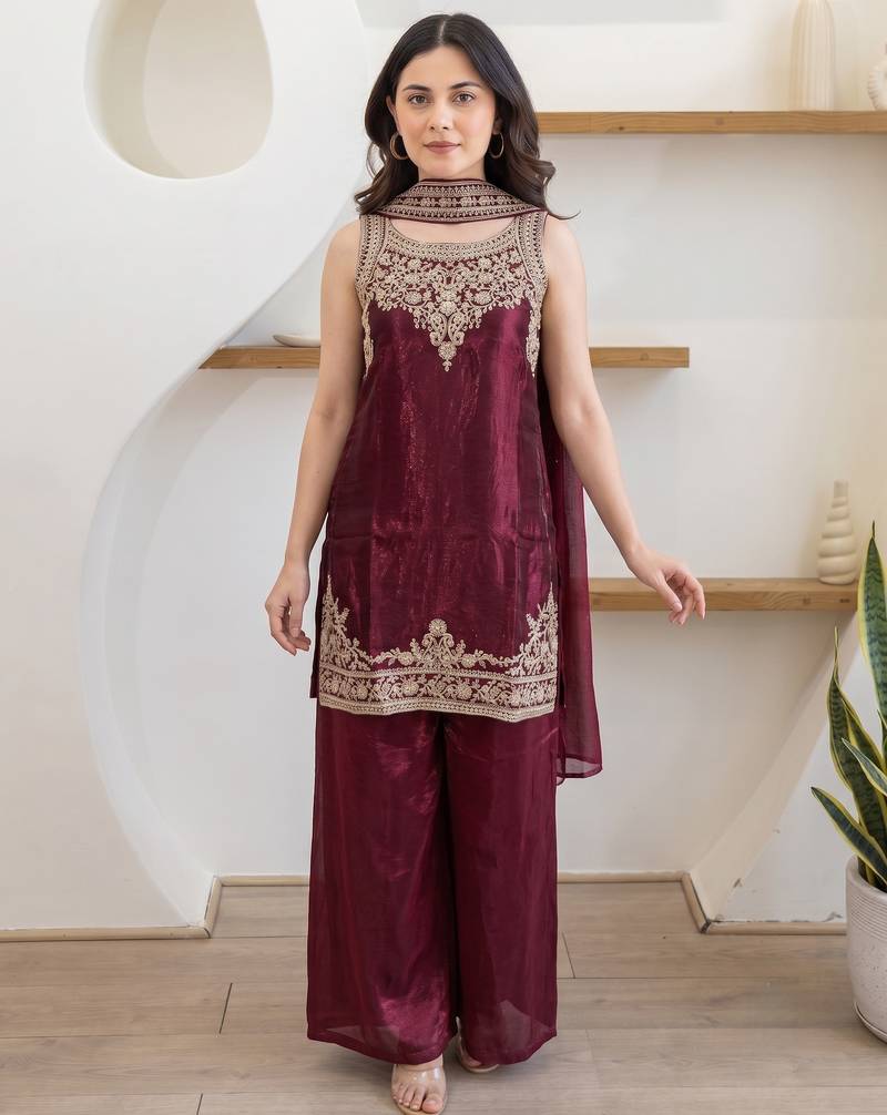 Women's Beautiful Embroidery Work Fandy Satin Fabric Straight Kurta Palazzo and Dupatta Set