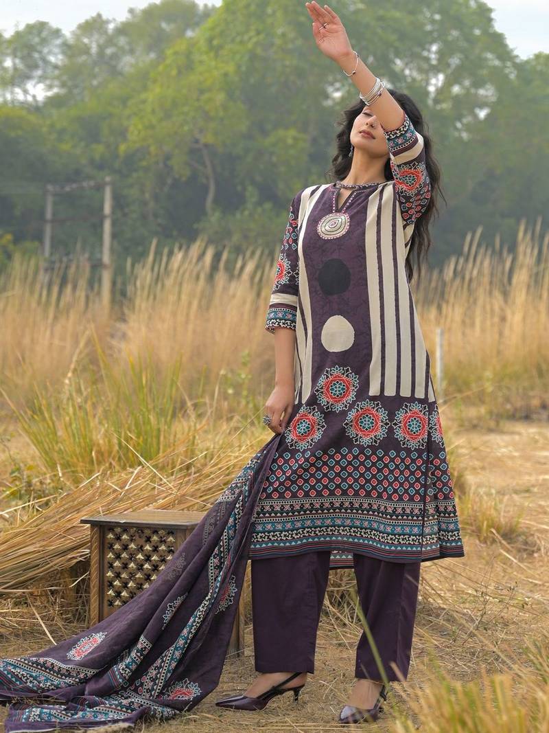 Women Ethnic Motifs Printed Regular Pure Cotton Kurta with Trousers & With Dupatta