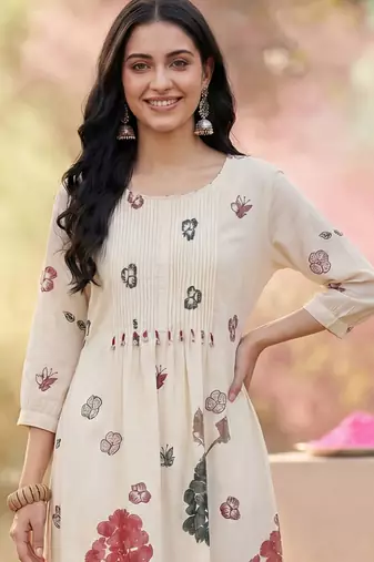 Women Floral Printed Empire Pure Cotton Kurta with Trousers