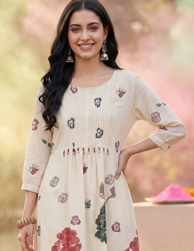Women Floral Printed Empire Pure Cotton Kurta with Trousers