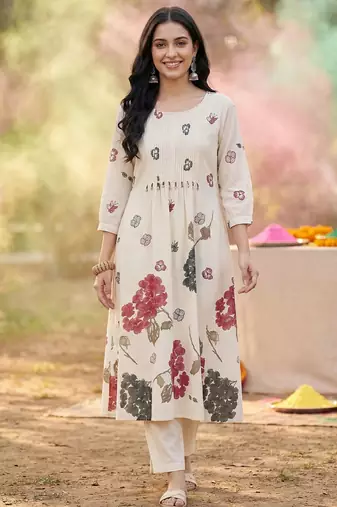 Women Floral Printed Empire Pure Cotton Kurta with Trousers
