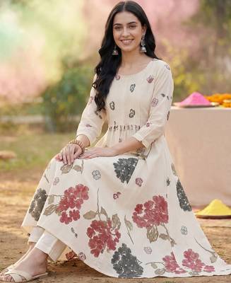 Women Floral Printed Empire Pure Cotton Kurta with Trousers 7