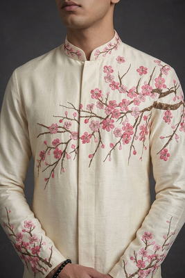 Cream silk indo sherwani for men's 3