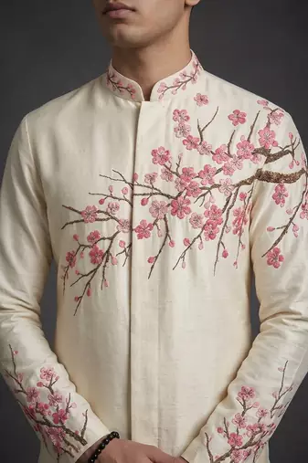 Cream silk indo sherwani for men's