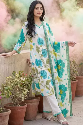 Women Floral Printed Regular Pure Cotton Kurta with Trousers & With Dupatta