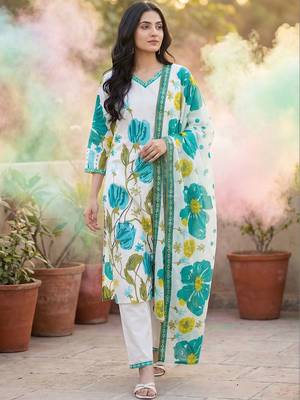 Women Floral Printed Regular Pure Cotton Kurta with Trousers & With Dupatta 5