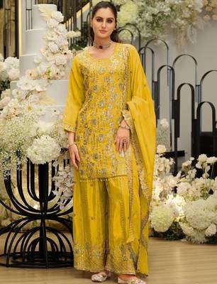 Women Ethnic Motifs Embroidered Regular Sequinned Kurta with Sharara & With Dupatta 1