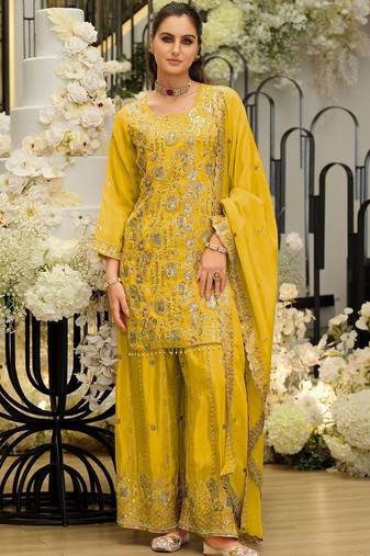 Women Ethnic Motifs Embroidered Regular Sequinned Kurta with Sharara & With Dupatta
