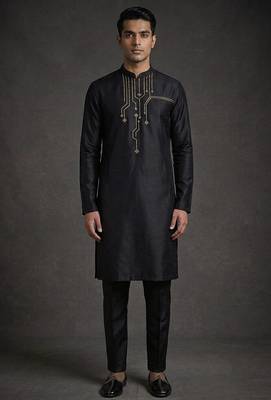 Black silk kurta set for men's 1