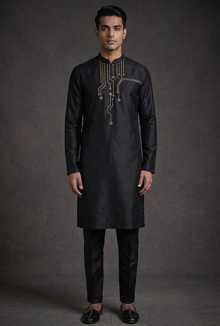 Black silk kurta set for men's