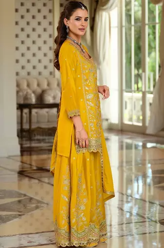 Women Ethnic Motifs Embroidered Regular Kurta with Sharara & With Dupatta