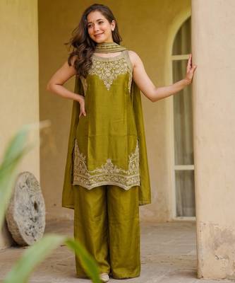 Embroidered Satin Straight Kurta Palazzo and Dupatta Set 1