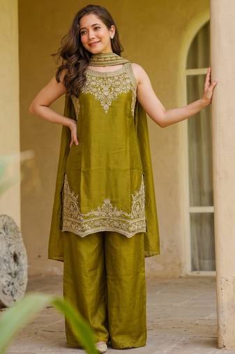 Embroidered Satin Straight Kurta Palazzo and Dupatta Set