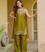 Embroidered Satin Straight Kurta Palazzo and Dupatta Set
