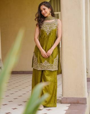 Embroidered Satin Straight Kurta Palazzo and Dupatta Set 2