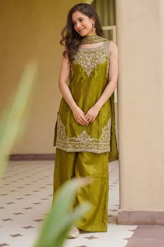 Embroidered Satin Straight Kurta Palazzo and Dupatta Set
