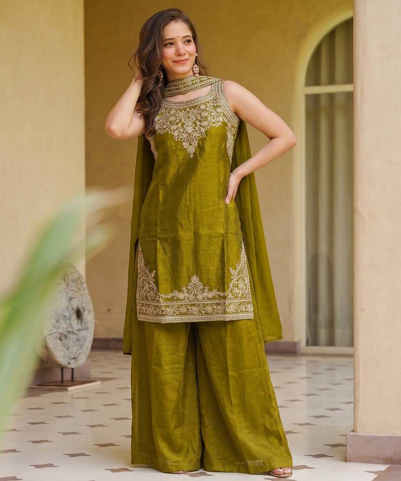 Embroidered Satin Straight Kurta Palazzo and Dupatta Set