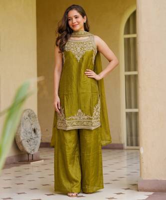 Embroidered Satin Straight Kurta Palazzo and Dupatta Set 5