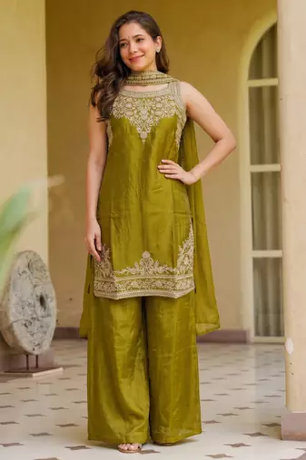 Embroidered Satin Straight Kurta Palazzo and Dupatta Set