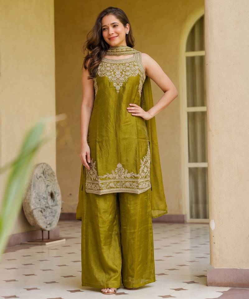 Embroidered Satin Straight Kurta Palazzo and Dupatta Set