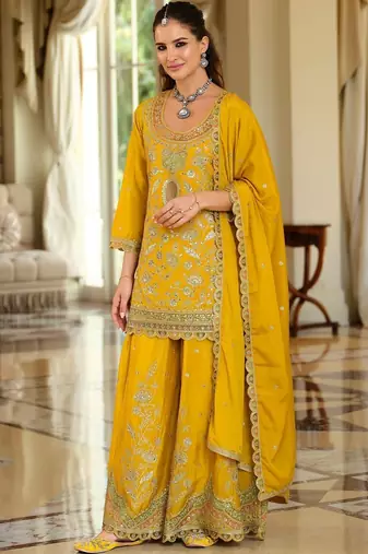 Women Ethnic Motifs Embroidered Regular Gotta Patti Kurta with Sharara & With Dupatta