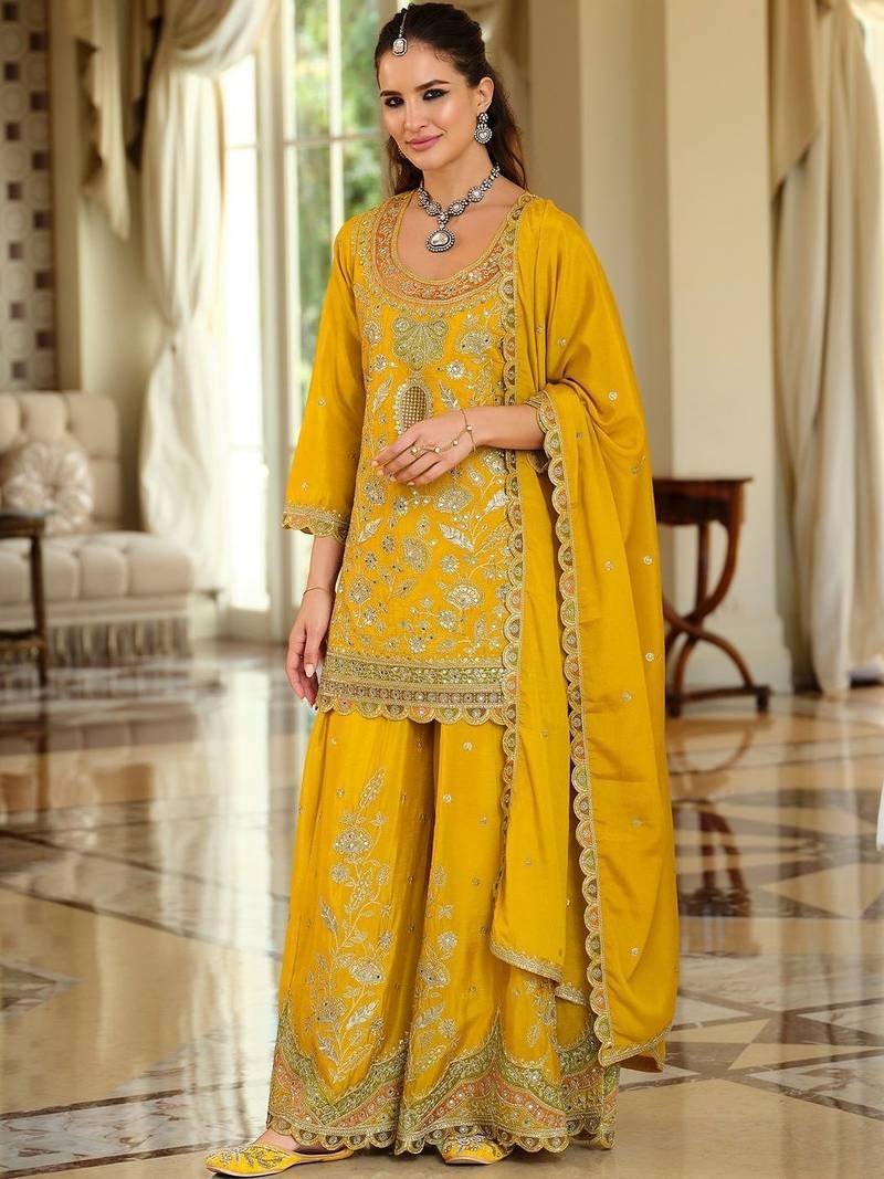 Women Ethnic Motifs Embroidered Regular Gotta Patti Kurta with Sharara & With Dupatta