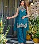 Embroidered Satin Straight Kurta Palazzo and Dupatta Set