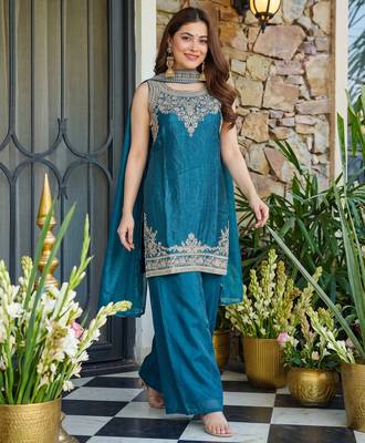 Embroidered Satin Straight Kurta Palazzo and Dupatta Set 5