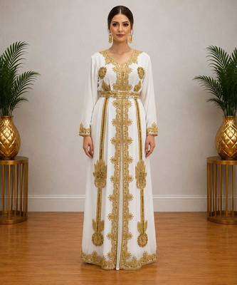 White Gold Embroidered Designer Kaftan Dress 1