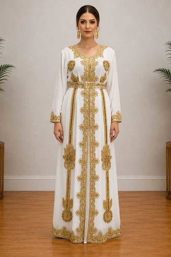 White Gold Embroidered Designer Kaftan Dress