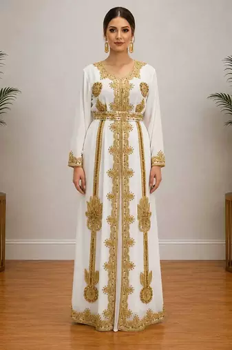 White Gold Embroidered Designer Kaftan Dress