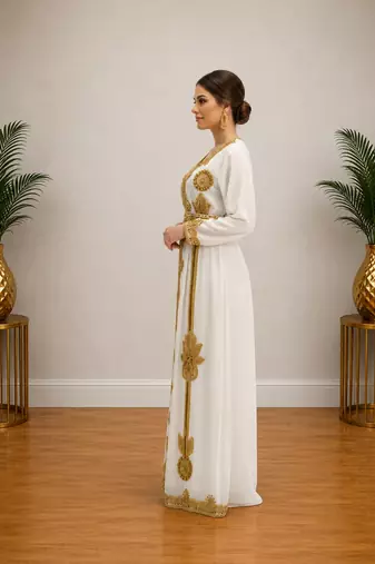 White Gold Embroidered Designer Kaftan Dress
