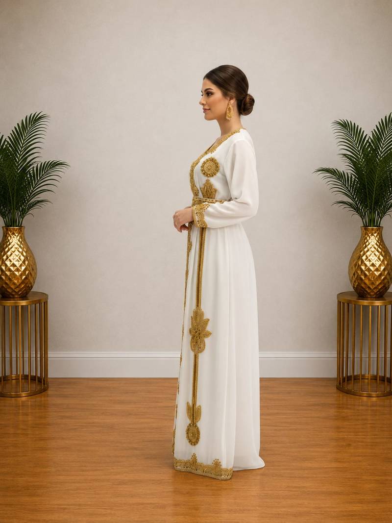 White Gold Embroidered Designer Kaftan Dress