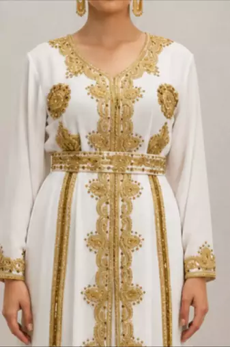 White Gold Embroidered Designer Kaftan Dress